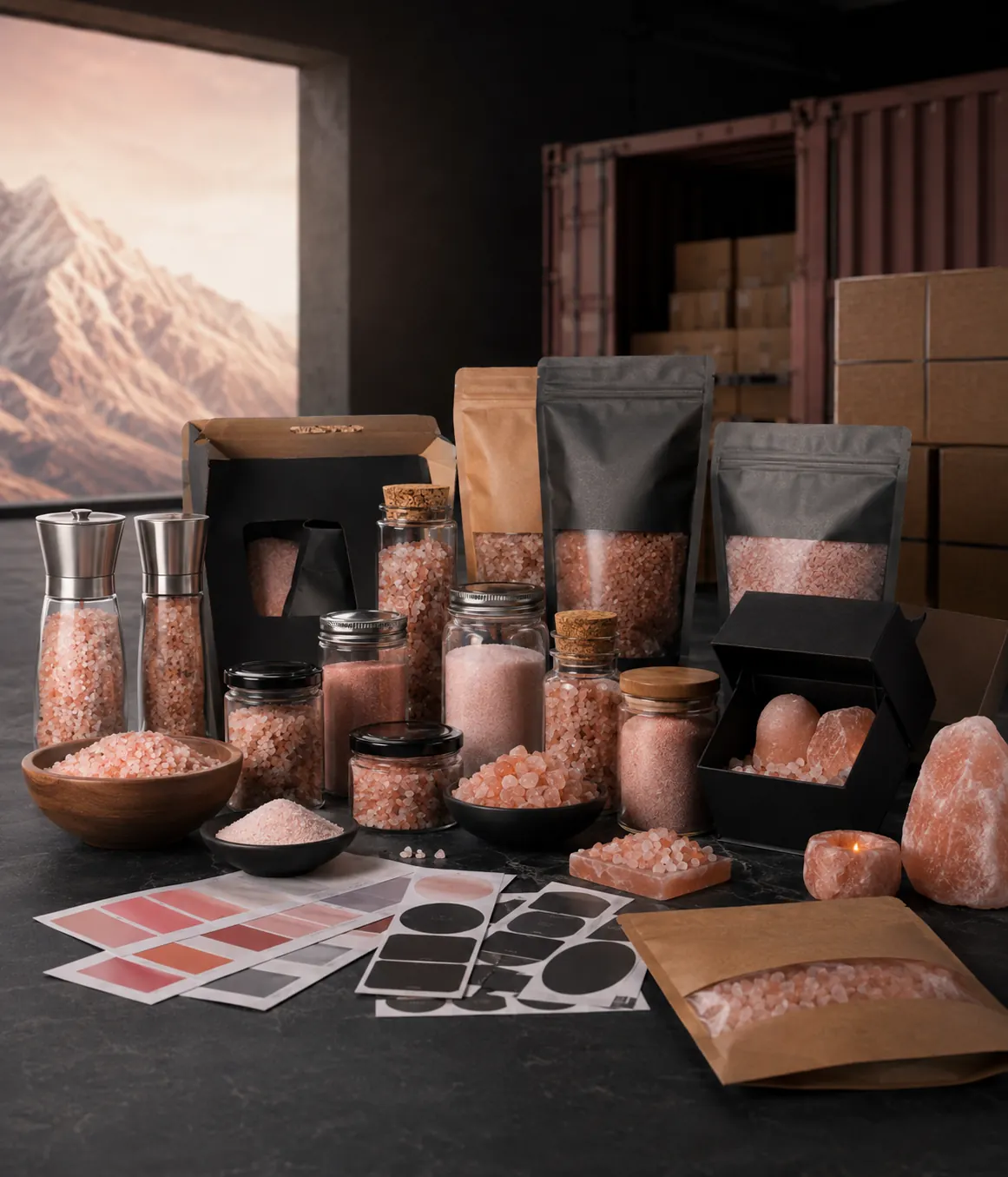 Customized Himalayan pink salt products and packaging samples