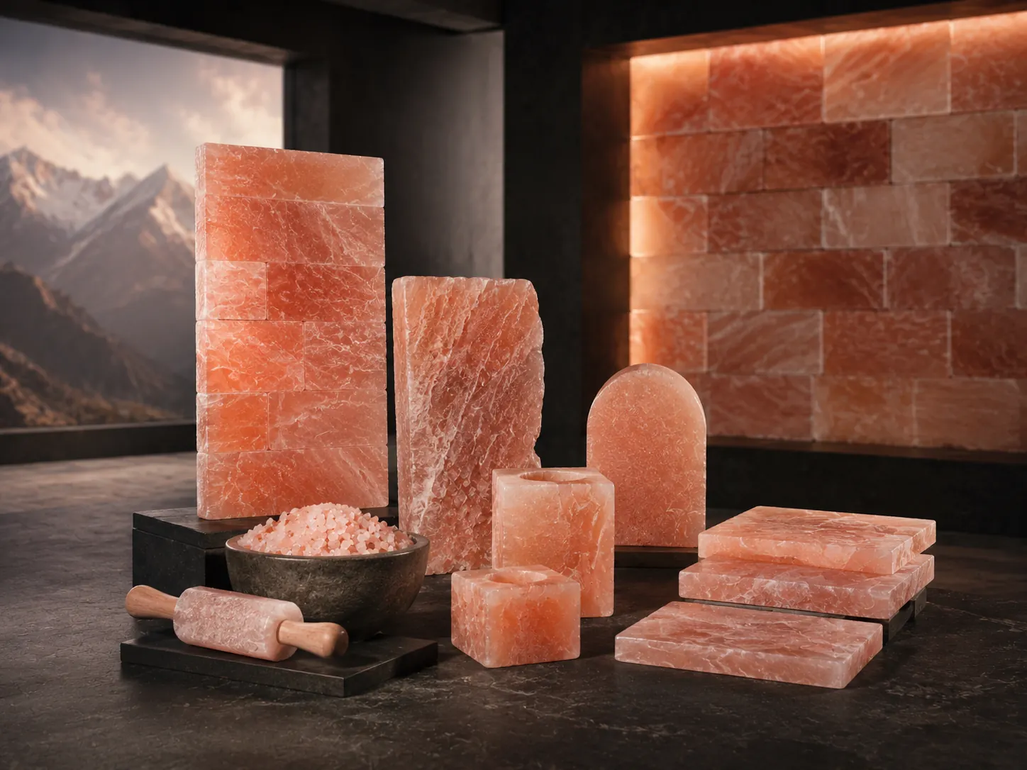 Himalayan salt tiles, bricks, slabs and specialty products
