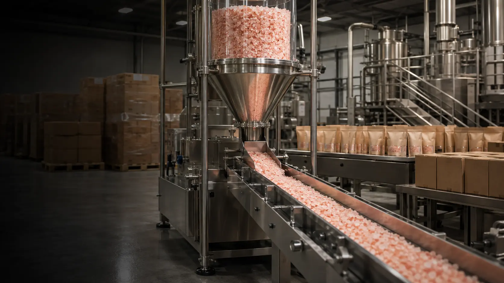 Modern food-grade Himalayan pink salt processing and export packing facility