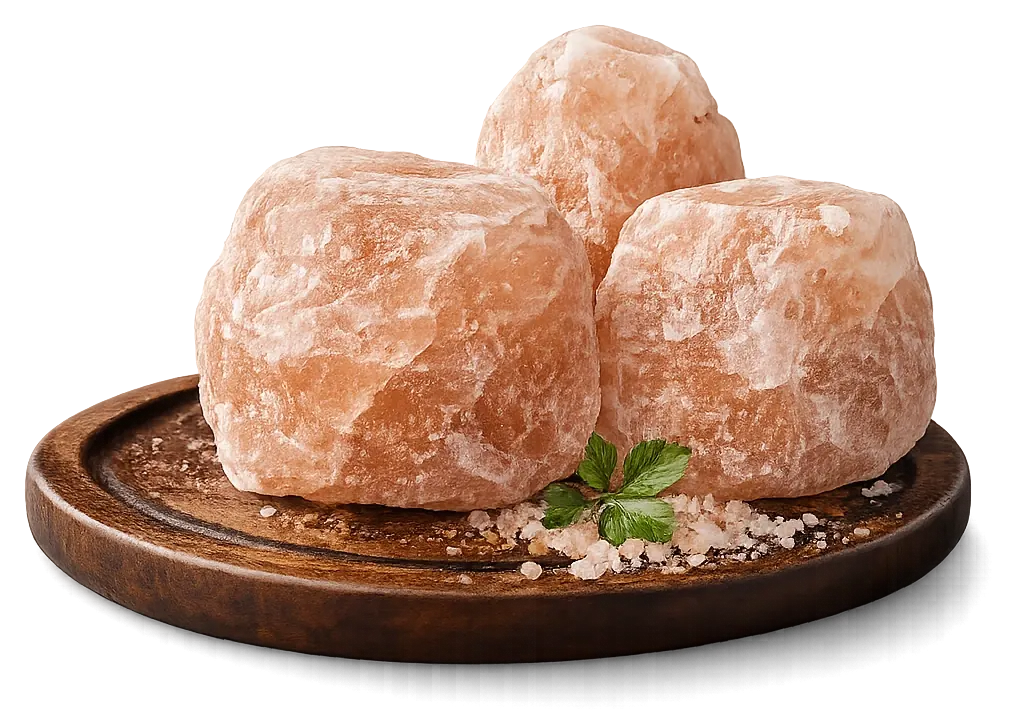 Natural Himalayan pink salt crystals in a wooden bowl